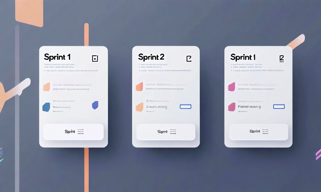 スプリント計画への白いカードシステムの適用を示す3段階の進化図。左からSprint 1の白いカードの初期状態、Sprint 2のカスタマイズが始まる中間段階、Sprint 3の完全に進化したカスタマイズされたシステムへと変化していく様子を表現。矢印で各段階の流れを示し、チーム所有権と適応性の向上を視覚的に強調している。