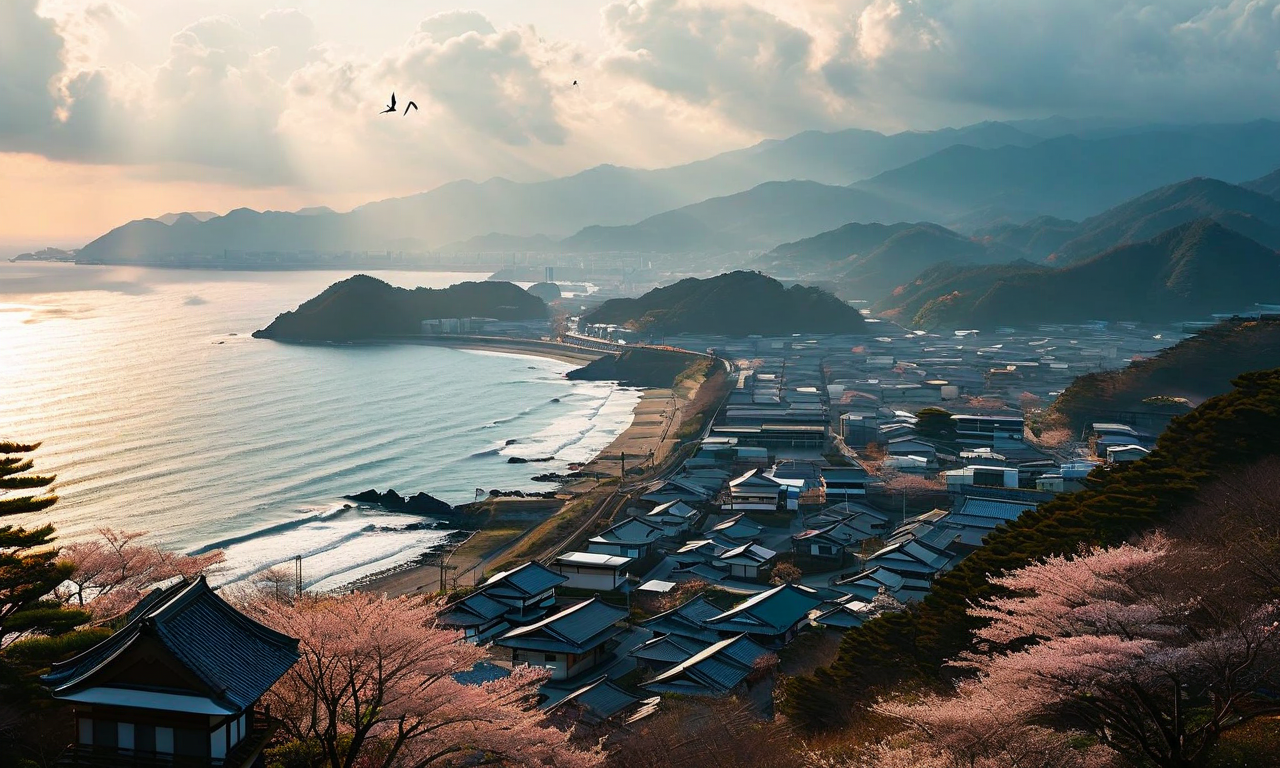 Aerial view of the Noto Peninsula coastline in Japan with mountains meeting the sea, showing a peaceful coastal community bathed in soft morning light breaking through clouds, symbolizing remembrance and recovery two years after the 2024 earthquake