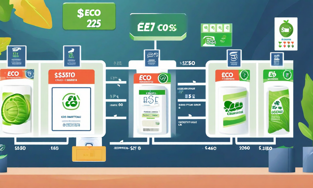 消費者が設定した条件(最大$25、エコ認証)に基づいて、5つの小売業者から紙タオルの最適な商品を自動選択するプロセスを示すデジタルイラスト。複数の小売店のカードが並び、価格タグとエコ認証バッジが表示され、中央の選択メカニズムが条件を満たす最適な商品をハイライトしている。