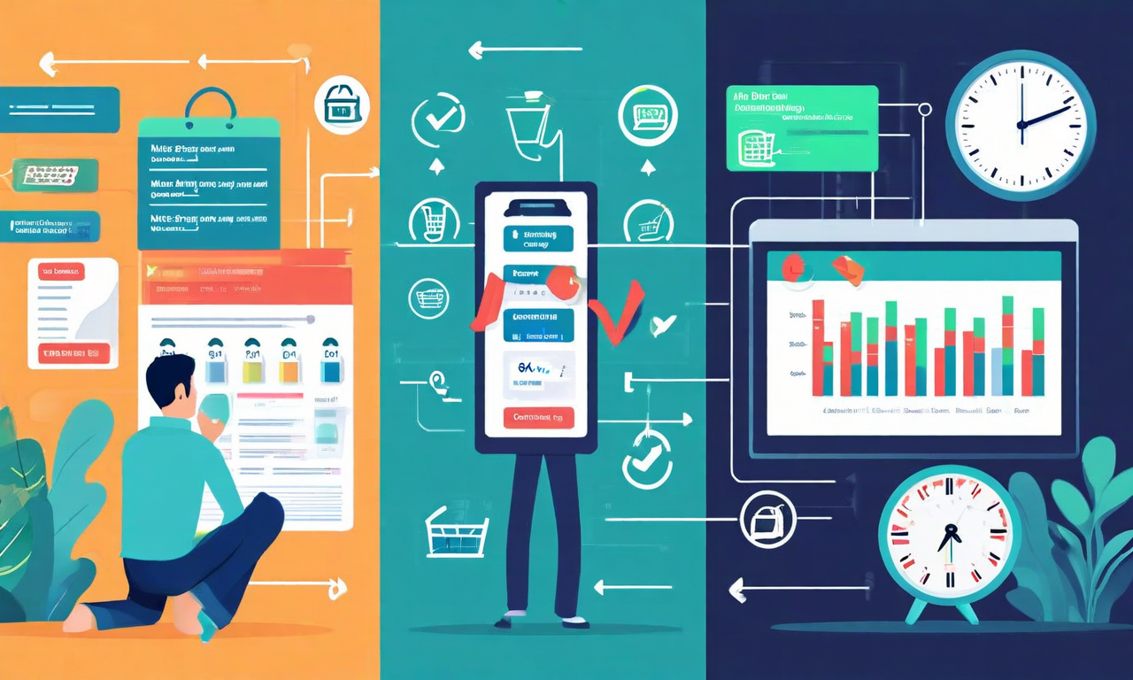 Googleの効率性主張を視覚化した対比画像。左側は従来の手動比較購買プロセスを示し、複数の製品比較、レシート、時間を示す時計が描かれている。右側は自動化されたデジタルショッピングプロセスを示し、簡潔なインターフェース、高速データストリーム、効率指標が表示されている。時間短縮、コスト削減、利便性向上が視覚的メタファーで表現されている。