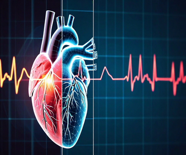 Medical illustration showing a human heart with emphasized left ventricle connected to an ECG waveform that transforms into a neural network visualization, representing AI-based cardiac ejection fraction diagnosis