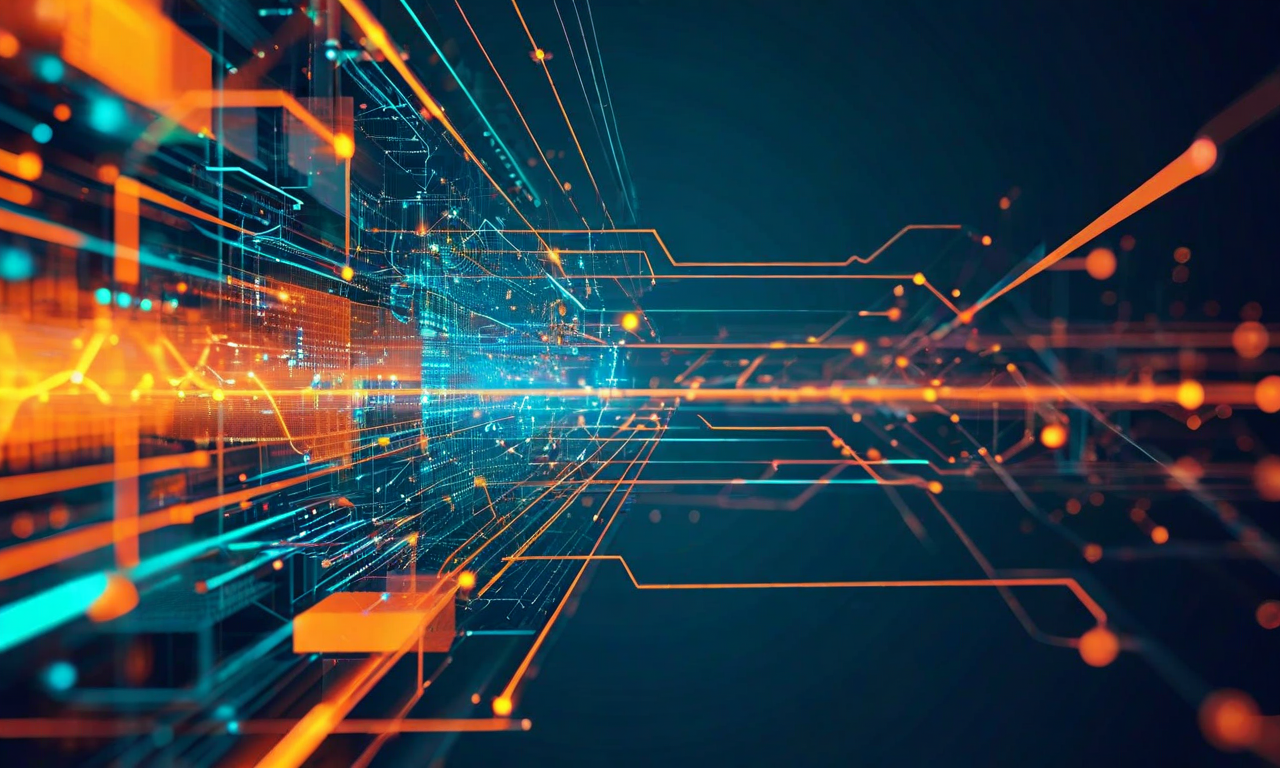 従来の効率重視の運用（左側：直線的で硬い構造）からレジリエンスファースト・オペレーション（右側：柔軟で相互接続されたネットワーク）への転換を表現した抽象的なビジュアル。中央の遷移ゾーンでは両者の要素が融合し、冗長性と適応性の概念が視覚化されている。