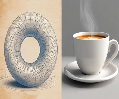 Split comparison showing a coffee cup morphing into a donut, illustrated both as traditional hand-drawn sketches on the left and modern 3D digital renderings on the right, demonstrating the evolution of topological visualization methods
