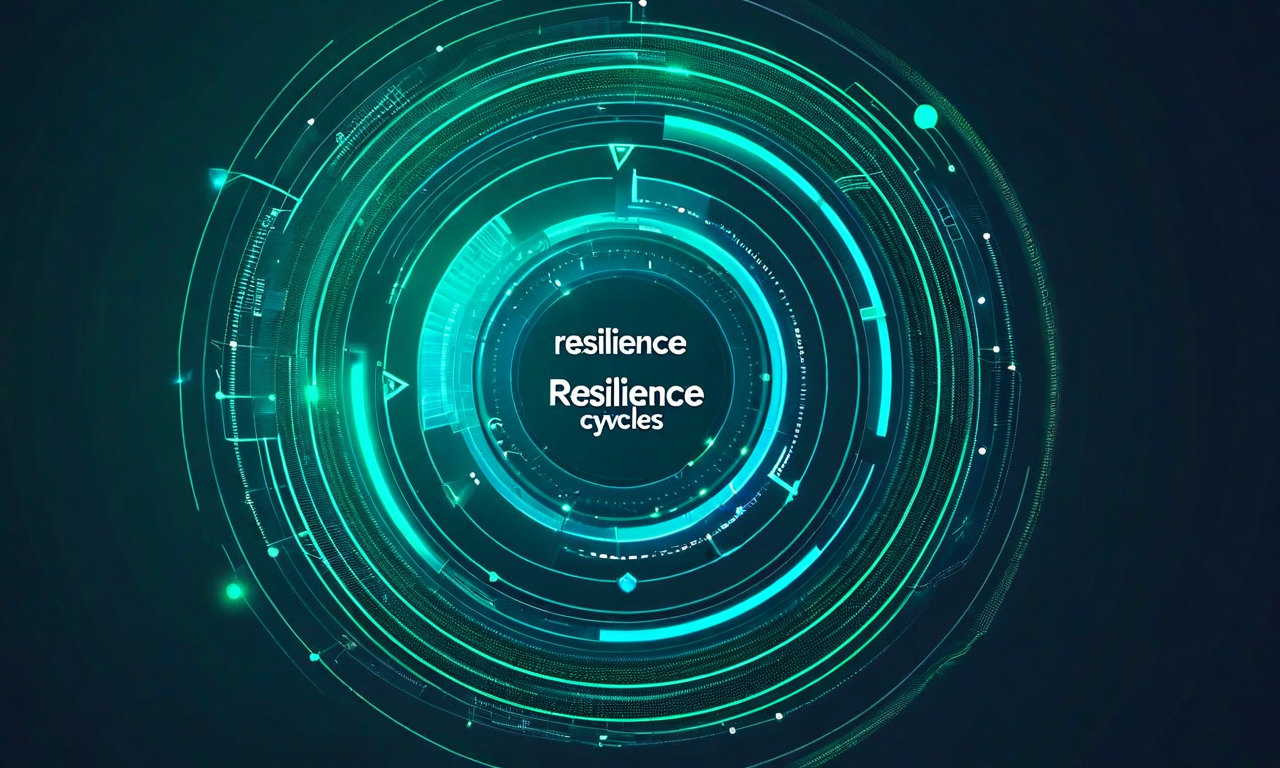 リスク認識、ミティゲーション、復旧力強化、成長加速の4つのステージが時計回りに循環するフライホイール図。青からテール、緑へと段階的に色が変化し、課題から機会への進展を表現。発光するノードと接続経路が継続的なサイクル運動を示し、組織の適応力と回復力を視覚化している。