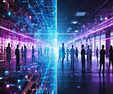 Abstract illustration showing AI neural networks on one side and diverse worker silhouettes on the other, separated by fragmented geometric shapes representing disconnected decision-making about the future of work
