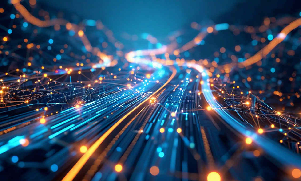 米国のAI規制戦争の複雑性を表現した抽象的なビジュアル。複数の分岐する道路や経路が異なる方向に広がり、規制の選択肢と対立を視覚化。テクノロジー、政策、利害関係者の相互作用を示す発光するノードとネットワークで構成されている。