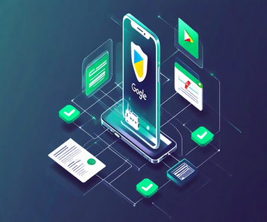Isometric illustration of a smartphone displaying Android and Google Play Store branding, surrounded by floating verification documents including ID cards and business certificates connected by digital lines, representing the developer verification system