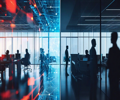 A split composition showing contrasting corporate environments divided diagonally, with AI neural network patterns in the center, representing conflict between tech companies over transparency and public statements