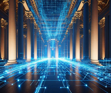 Abstract visualization showing AI neural networks merging with classical Vatican architectural elements, representing the intersection of artificial intelligence technology and traditional religious institutional authority