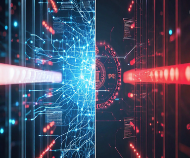 Split composition showing AI neural networks and data streams on one side separated from government security barriers on the other, representing the legal conflict over AI model access restrictions