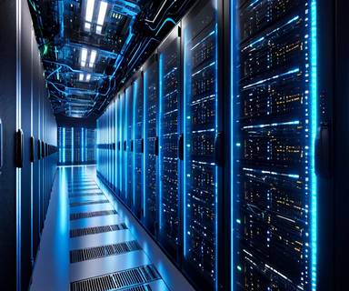 Split composition showing modern data center servers with blue lighting on the left side merging with a spacecraft in deep space on the right, representing the partnership between AI infrastructure and space technology companies