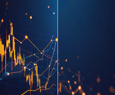 Split-screen business visualization showing an upward growth chart on one side and a supply chain network with bottleneck indicators on the other, with Apple product silhouettes bridging the two concepts