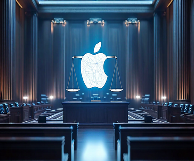 Apple logo surrounded by interconnected smartphones and digital network elements with scales of justice in the background, representing the DOJ antitrust lawsuit against Apple's platform practices