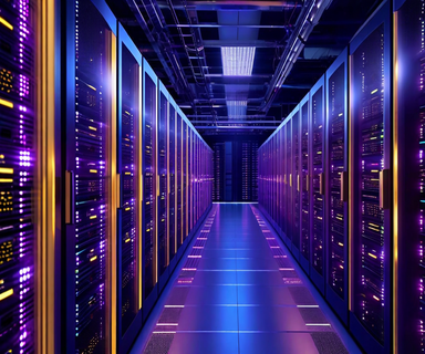 Modern data center with illuminated server racks in blue and purple lighting, overlaid with abstract geometric shapes representing financial bonds and digital infrastructure