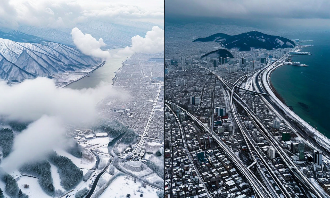Aerial view of Japan showing heavy snowfall affecting both the Sea of Japan coast and Pacific plains, with snow clouds and weather systems blanketing urban areas and transportation infrastructure