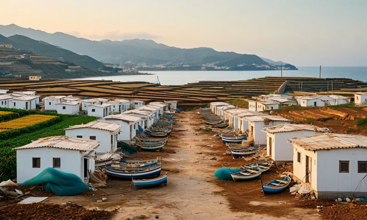 Aerial view of Noto Peninsula recovery efforts showing temporary housing units, damaged fishing infrastructure, and affected agricultural land, illustrating the fragmented reconstruction two years after the earthquake