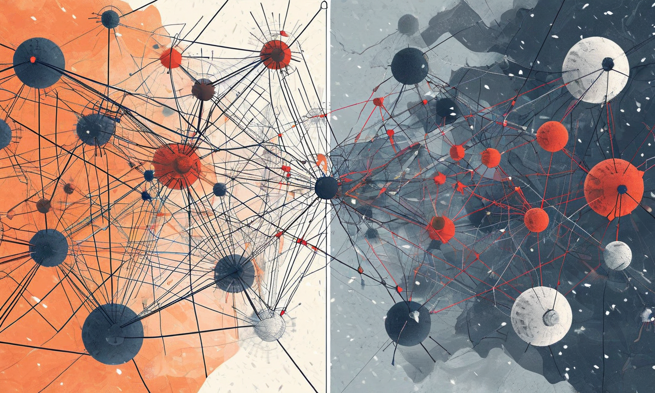 日本の選挙制度における制度的非対称性を表現した概念図。左側に現職政党の強固な組織構造をネットワークノードで、右側に野党の分散した構造を表示。中央に冬季環境要因を雪と寒冷要素で、下部に投票者動員の課題を流動的なパーティクルと障害物で視覚化している。