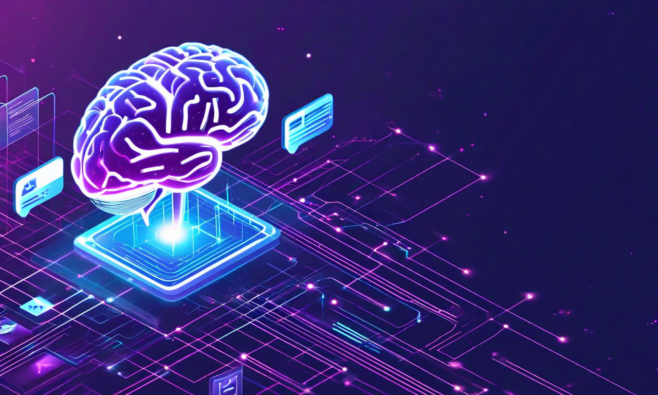Isometric illustration of an AI-powered chat interface with glowing neural network patterns connecting conversation bubbles, surrounded by floating workflow automation icons and data streams in blue and purple tones