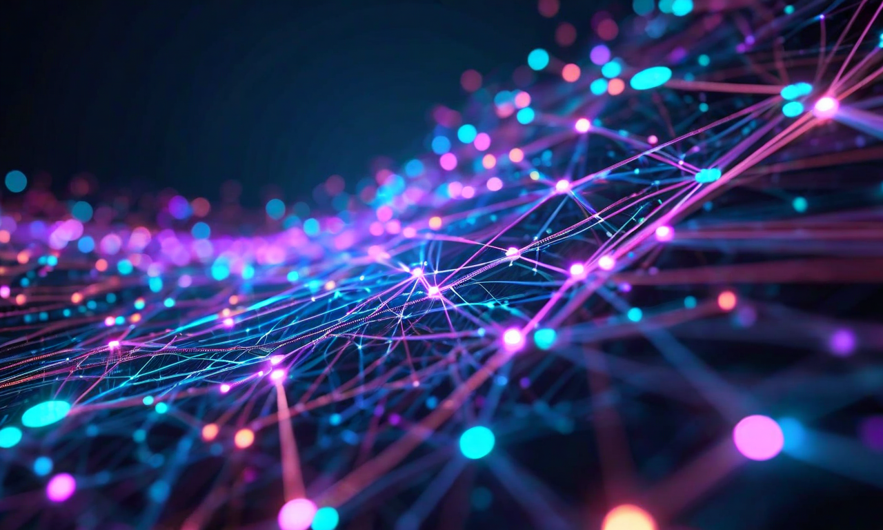 複数のSlackスレッドにおける会話コンテキストの処理を視覚化した画像。メッセージバブルが相互に接続され、セマンティック意味の抽出層が異なる色で強調されている。AIが決定ポイントを特定し、スレッド間の関連メッセージを神経ネットワーク状の接続で結びつけ、チャット履歴が上方に流れる様子を表現。