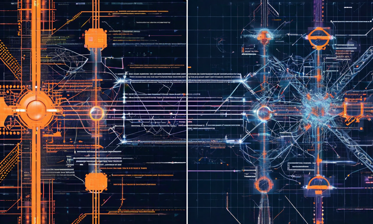 コマンド駆動型自動化からエージェント型への進化を表現した図。左側は単純な入出力フローと直線的なコマンド処理を示す構造化されたパターン、右側は複雑に相互接続されたニューラルネットワークと自律的な判断ノードを示している。中央には両者の移行を表現する視覚的な変換が描かれており、機械的な精密性から有機的で適応的な複雑性への進化を象徴している。