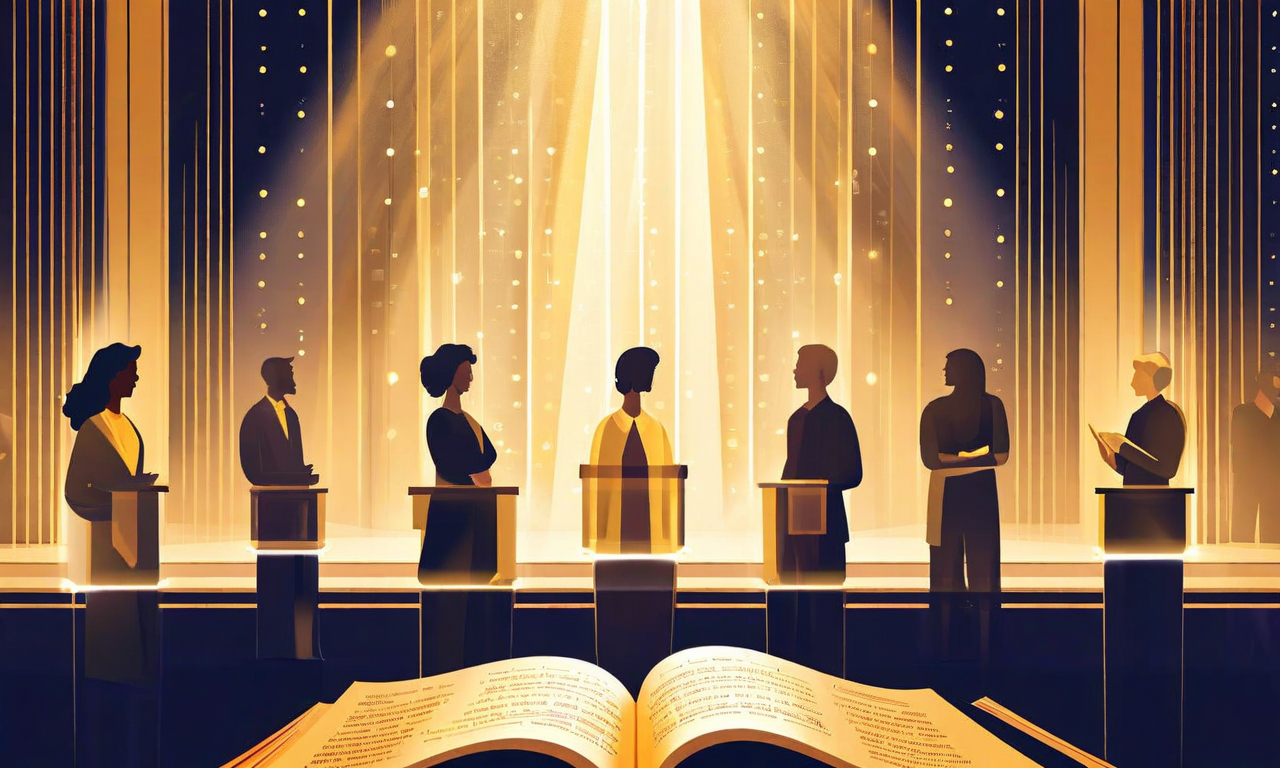 文学賞の権威性と選考プロセスを表現したビジュアル。多様な背景を持つ複数の人物が舞台の前に立ち、上方から金色の光が降り注いでいる。前景には輝く開かれた本が配置され、知的評価と文学的価値を象徴している。背景には透明なパネルが層状に配置され、厳格な評価システムと信頼性のあるプロセスを視覚化している。
