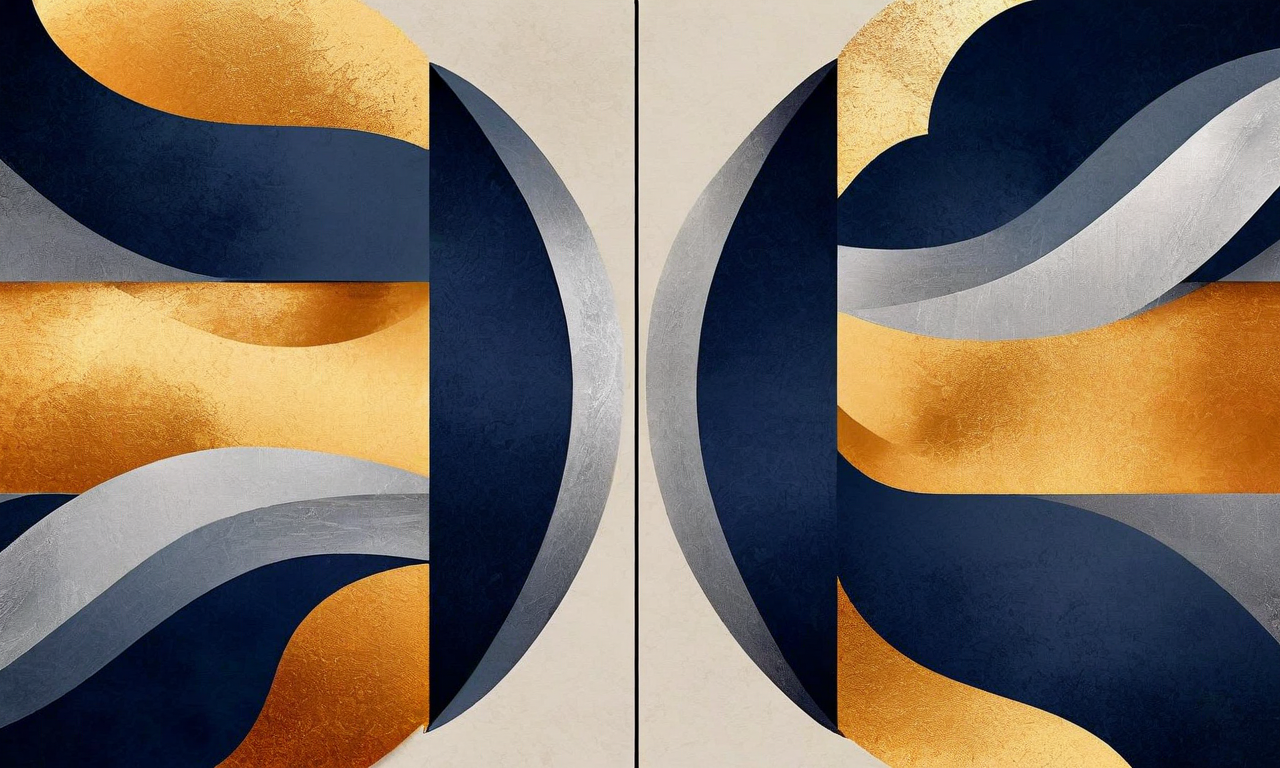 A split composition showing two distinct visual pathways representing different literary award criteria - geometric shapes symbolizing artistic innovation on one side and flowing curves representing narrative accessibility on the other - converging at a central point with an open book motif