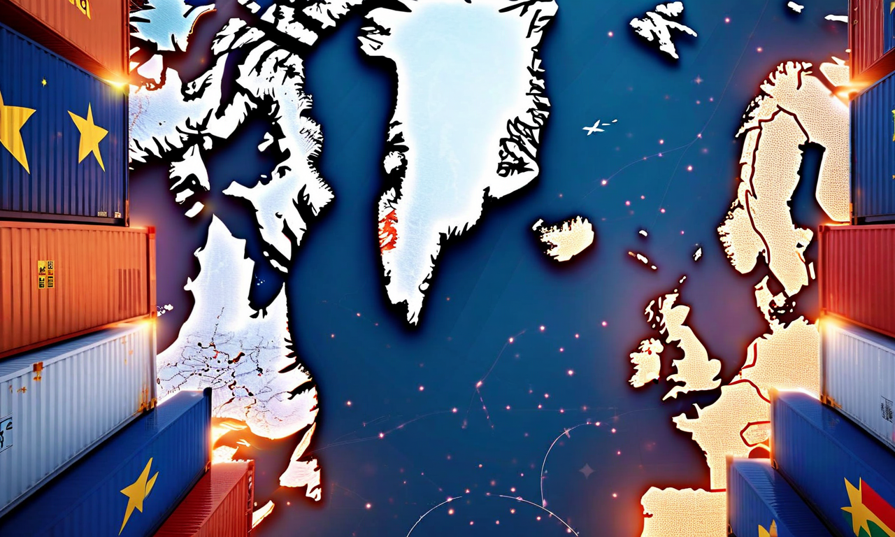 Strategic illustration showing Greenland's map at center with European flags and shipping containers representing tariffs, connected by trade routes across the Atlantic Ocean, depicting the geopolitical tension between territorial interests and trade policy