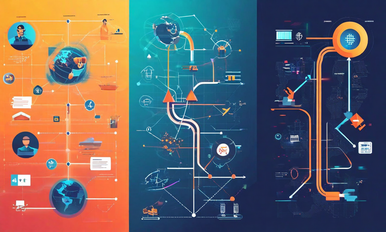 戦略的移行計画の三段階を視覚化した図。左から右へ、短期的な経済的圧力への緊急対応、中期的なサプライチェーン再構築と物流ネットワークの再編成、長期的な地政学的再配置と国際的な戦略的パートナーシップの構築へと段階的に進化する流れを示している。各段階は色彩グラデーションと幾何学的な接続線で表現されている。
