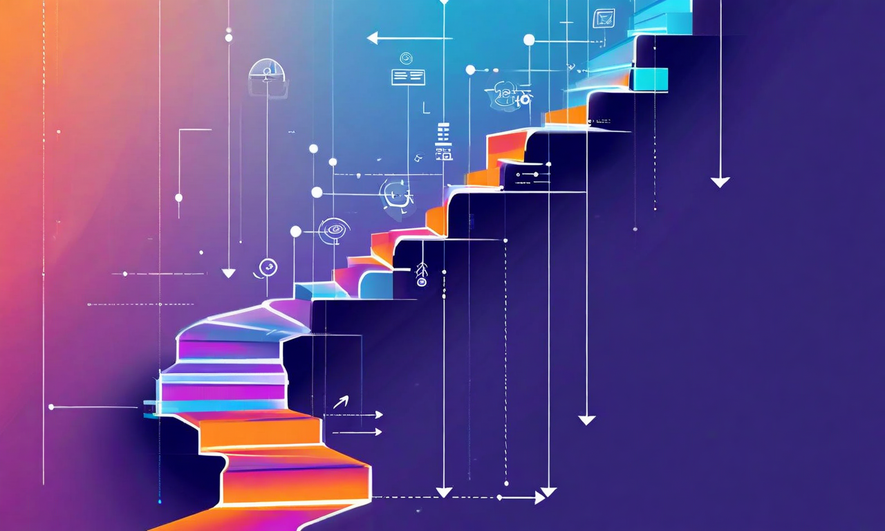 段階的な実装と運用パターンを表現した図。複数の段階が矢印で接続された上昇するパイプラインを示し、各段階にはチェックポイント、検証シンボル、フィードバックループが含まれている。統合ポイント、品質ゲート、継続的改善サイクルが視覚化されており、組織的な変化と適応のプロセスを表現している。