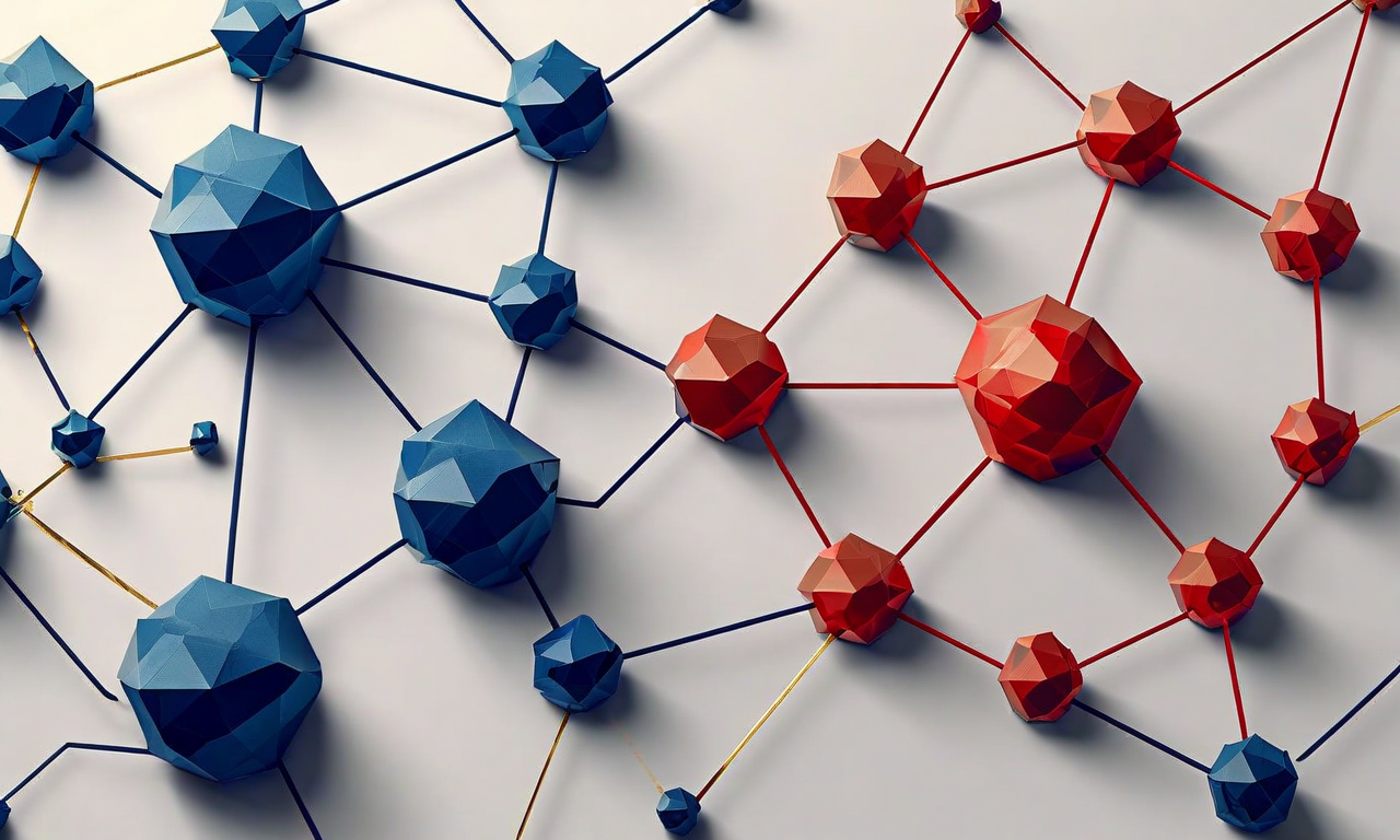 Abstract illustration showing two organizational structures - a decentralized network of blue nodes and a centralized red hierarchy - connected by golden bridging elements, representing coalition governance with distinct operational and ideological domains