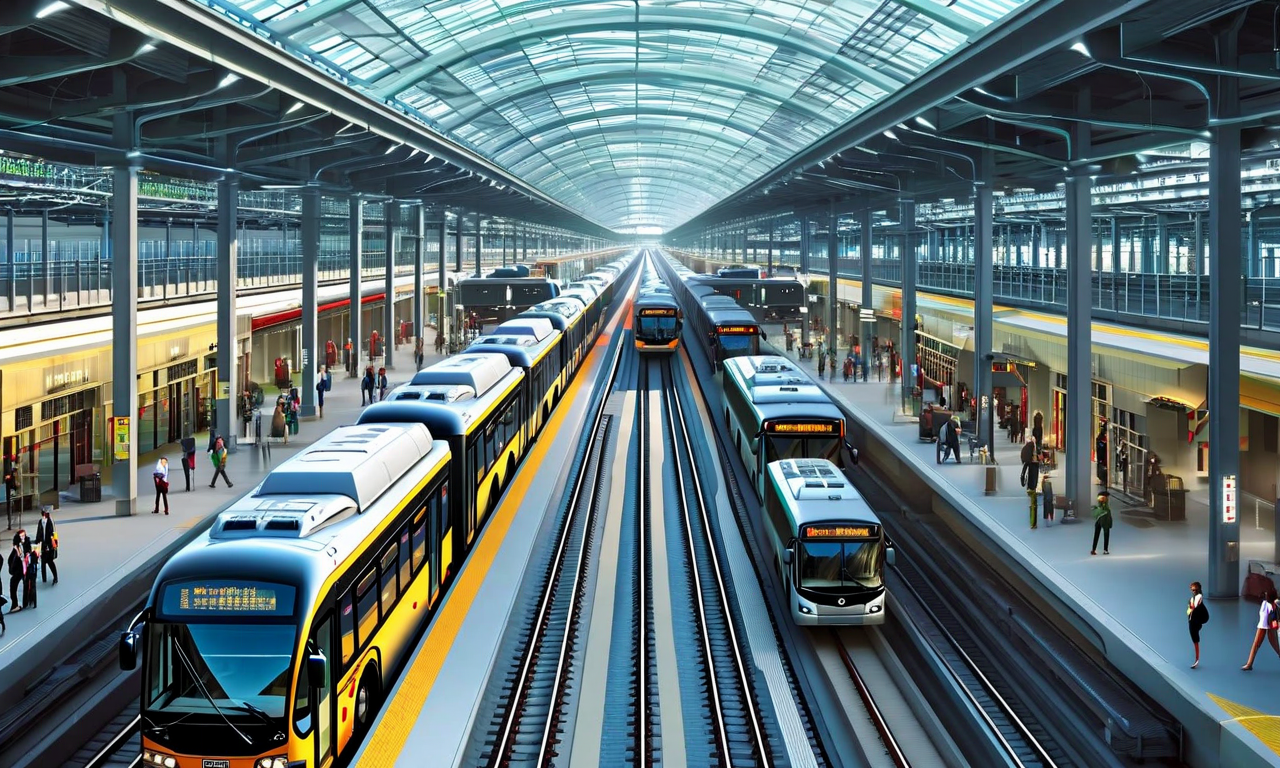 チャーターバスと山陽本線の在来線が連携する統合モビリティシステムの概念図。複数のチャーターバスが乗客を乗降させるトランジットハブと、並行する線路を走る現代的な地域列車が視覚的な流線で接続されており、乗客がシームレスに異なる交通モード間を移動している様子を示している。