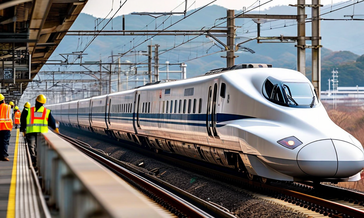 A Japanese Shinkansen bullet train stopped on elevated tracks with safety personnel conducting track inspections, representing railway incident response and operations suspension