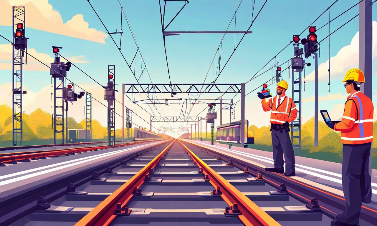 線路検査、信号システム検査、架線検査を同時に実施する技術者チームの作業シーン。複数の検査ポイントで異なる検査業務が並行実行され、安全装備を装着した技術者たちが測定機器やデジタルデバイスを使用して検査を行っている。安全柵や検査機器が配置された現代的な鉄道インフラストラクチャの環境で、複数チーム間の安全検証体制が視覚化されている。