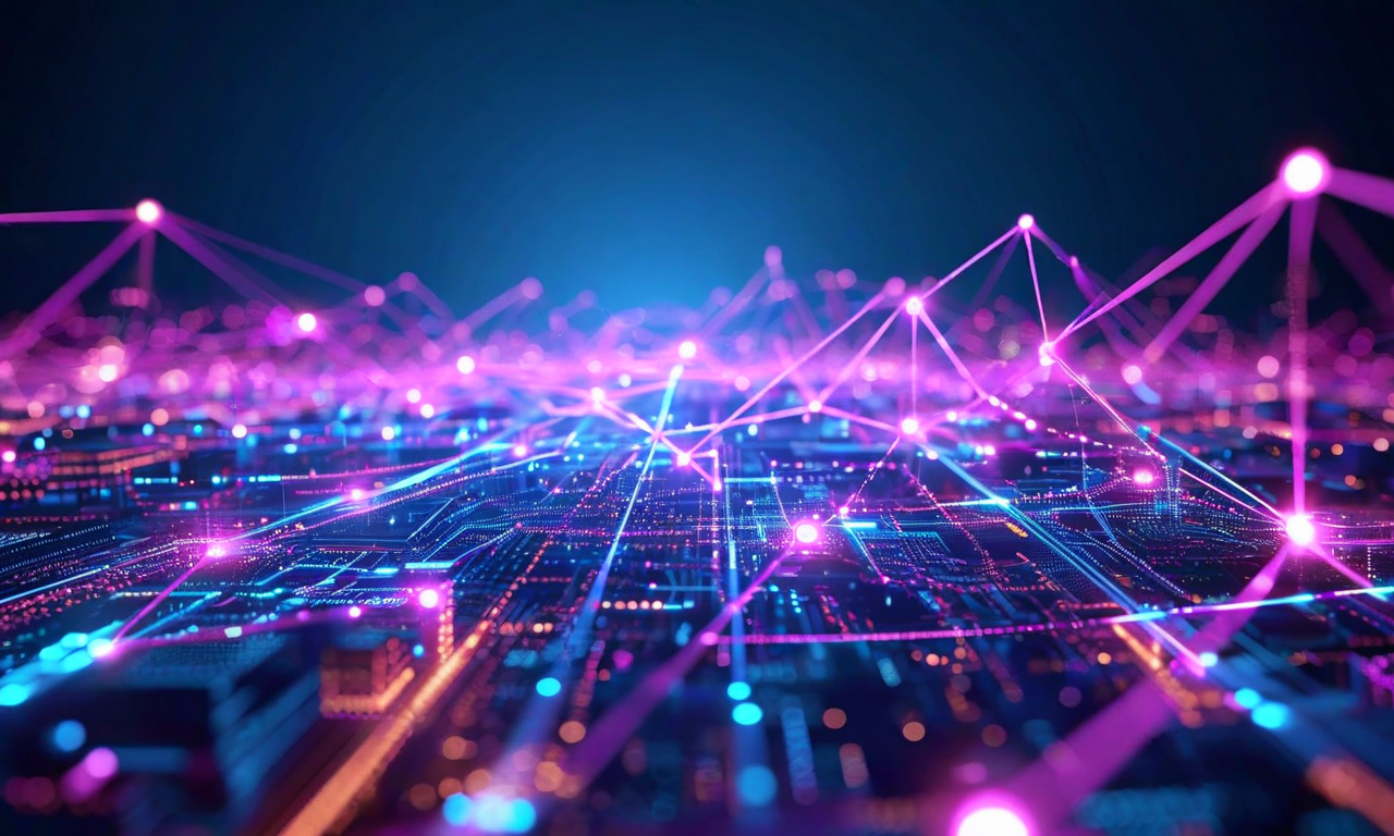 通信キャリアが5G/6Gネットワーク機能をAPI化し、外部企業やデベロッパーに提供する未来像を表現した抽象的なデジタルイラスト。相互接続されたノードと発光するパスウェイが、ネットワークインフラストラクチャからクラウドベースのAPIサービスへの変革を示している。複数の外部開発者と企業がデジタルブリッジを通じてこれらのネットワークAPIに接続し、利用している様子が描かれている。