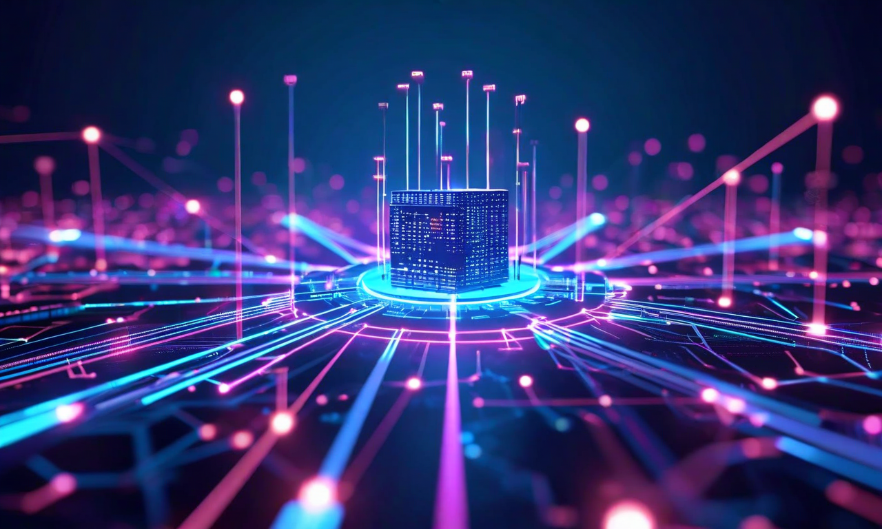 5Gパケットゲートウェイが中央に位置し、認証、ポリシー管理、ルーティングなどの複数のマイクロサービスに分散している技術図。各マイクロサービス間を複雑に相互接続する光るネットワークパスと通信ノードが表示されており、マイクロサービス化による複雑性の増加を視覚的に表現している。