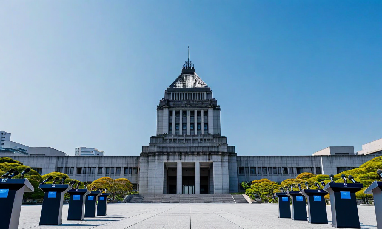 The Japanese National Diet Building photographed from below with empty press conference podiums in the foreground, representing the upcoming announcement of the House of Representatives dissolution