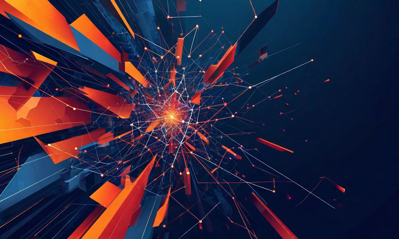 連立政権の脆弱性を表現した抽象的なビジュアライゼーション。中央の不安定な構造体を囲むように、経済的不安定性、地政学的緊張、内部政治分裂を表す相互接続されたノードが配置されている。ひび割れた基盤、断片化された幾何学的形状、流動的な緊張線が暗い青、赤、琥珀色で描かれており、複合的な不確実性と連鎖的なリスクの相互作用を視覚化している。