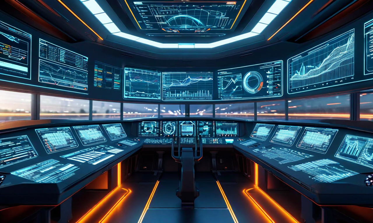 最新のATP技術とAI予測保全システムを備えた高速鉄道制御センターの未来像。リアルタイム監視ダッシュボード、デジタルインターフェース、列車ネットワークの可視化、乗客安全プロトコルが統合された最先端の運用体制を表現。