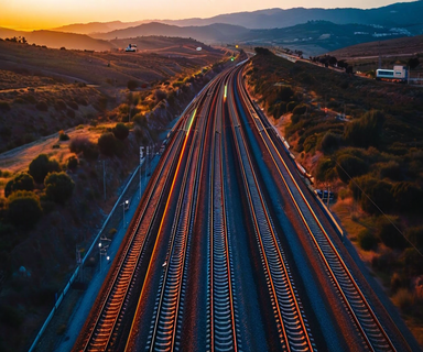 Aerial view of parallel high-speed railway tracks in Spain with emergency response vehicles, illustrating rail infrastructure and safety systems in a serious, journalistic style
