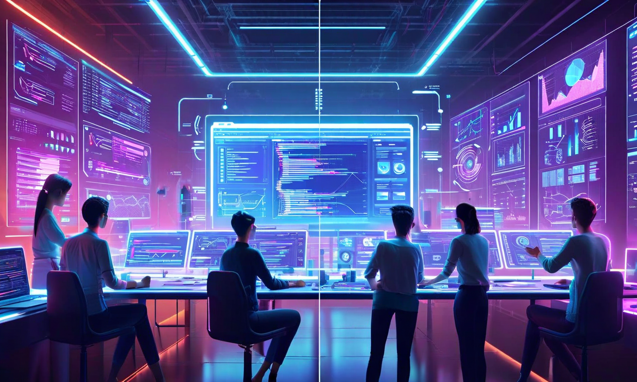 デザイナーと開発者が協働するXAML Studioのオープンソース開発環境を表現した未来的なビジュアル。左側にはデザインツール、右側にはコードエディタが表示され、データストリームと発光するノードで接続されている。ホログラフィックなインターフェース要素、ワイヤーフレーム、コンポーネントライブラリが浮遊し、複数のユーザーアバターが協力してUIプロトタイプに取り組んでいる。青と紫の配色でXAMLコンポーネントを表現した幾何学的な形状が配置されている。