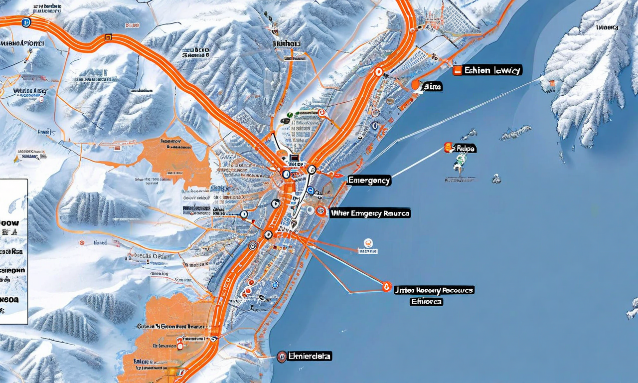 滋賀県と石川県の主要道路沿いに配置された冬季緊急リソースの戦略的配置図。除雪車、塩化物備蓄、人員配置、予備機材が地理的に分散配置されている様子を示す地図ビジュアル。色分けされたマーカーと接続線でリソース配置ポイントとカバレッジエリアを表現。即応体制の準備状況を強調するデータビジュアライゼーション。