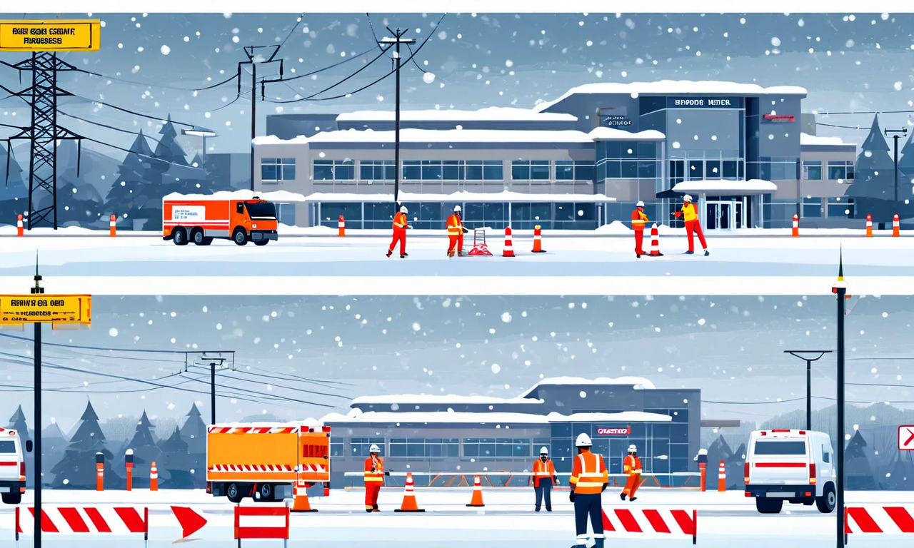 大雪対応における組織横断的なオペレーション実装を示す4分割イラスト。左上は病院の外来制限と患者対応、右上は電力会社による電力線の除氷作業、左下は交通機関による道路通行止めと警告標識の設置、右下は自治体による避難所の開設と物資配置を同時進行で表現。各セクションは調整矢印で結ばれ、全体として統合された緊急対応体制を視覚化している。