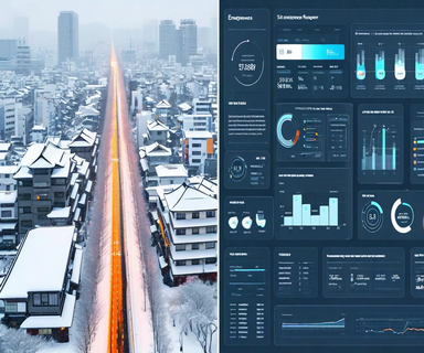 Split composition showing a snow-covered Japanese city on the left and an abstract visualization of layered decision-making frameworks with geometric shapes and threshold indicators on the right, representing systematic emergency response protocols