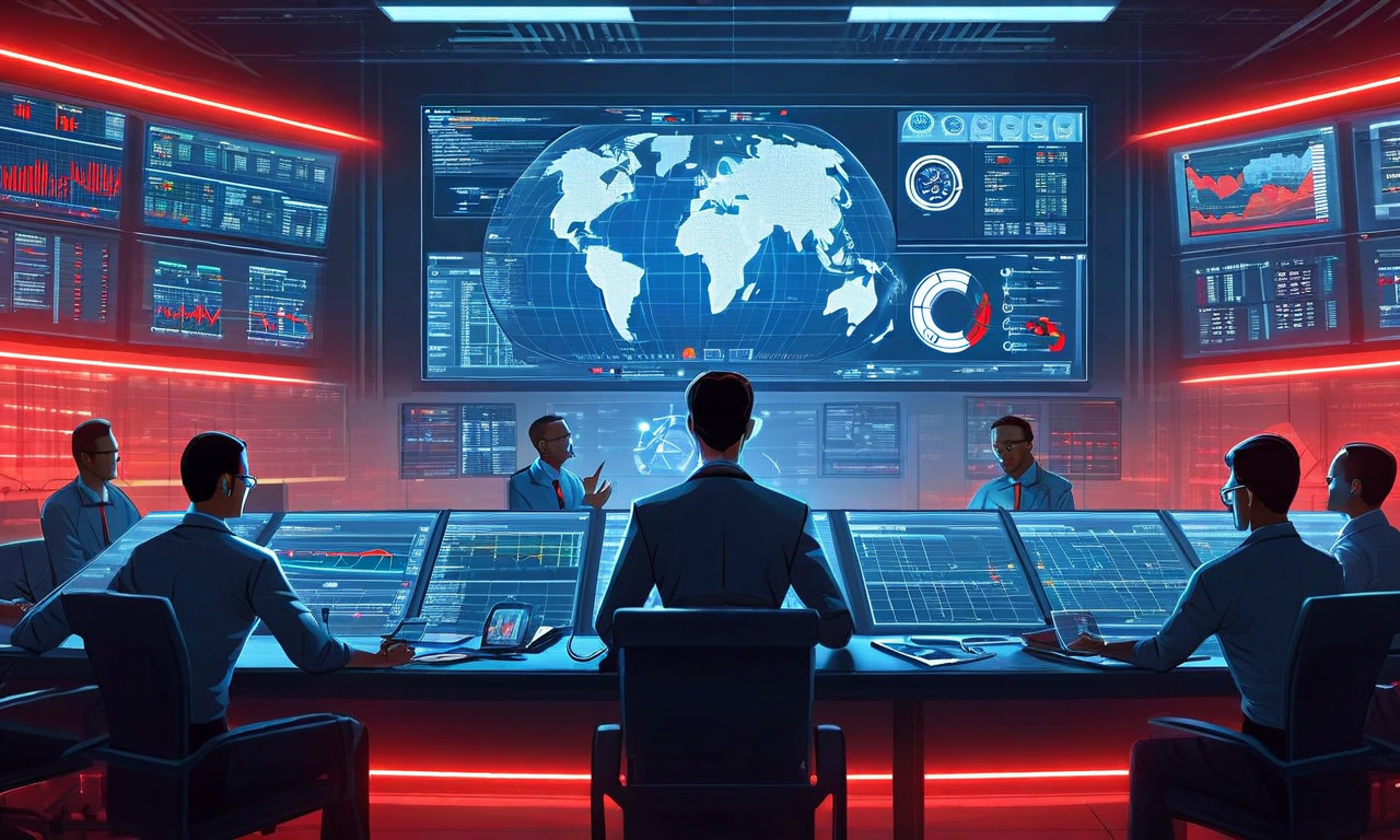 危機管理センターの様子を示すイラスト。複数のモニタースクリーンにリアルタイムアラートが表示され、ビジネス服装の人物が戦略テーブルの周りに集まったチームメンバーを調整している。赤いアラートインジケーター、相互接続されたネットワークノード、緊急性を示す時計が配置されており、全体的に緊張感と準備態勢を表現している。