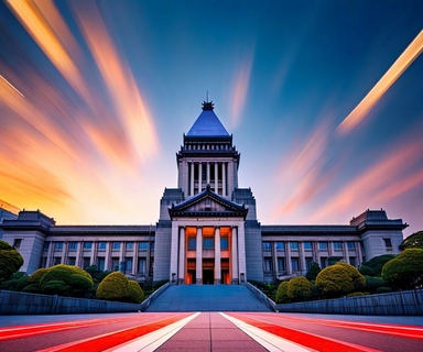 The Japanese Diet Building photographed from a low angle with dramatic lighting, featuring abstract geometric paths in the foreground representing competing political parties converging during an election campaign