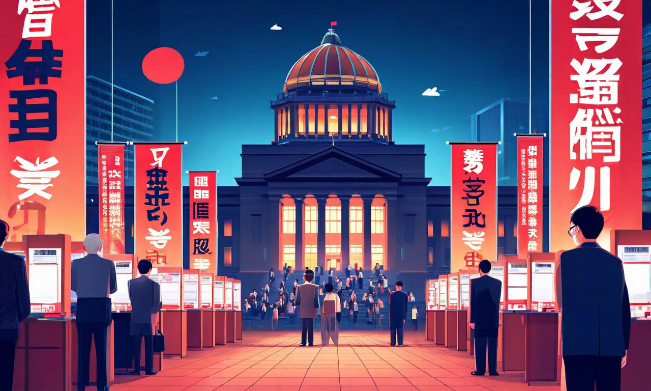 日本の国会議事堂を背景に、複数の政党を象徴する色彩豊かなバナーと旗が競い合う様子、投票所と投票箱、市民の民主的参加を描いた政治的なイラスト。政治的緊張感と民主的プロセスの活動を表現している。