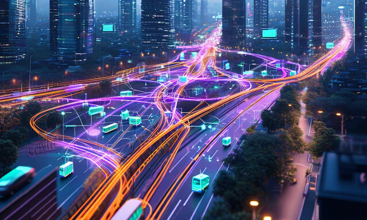 複数の交通手段が統合された分散型モビリティネットワークの未来像。公共交通、シェアリングサービス、自動運転車、マイクロモビリティが色分けされた層として表現され、デジタルノードと発光する接続線で相互に結ばれた都市交通システムを上空から見た視点で表現。スマートシティインフラストラクチャが統合されたシームレスな移動体験を視覚化。