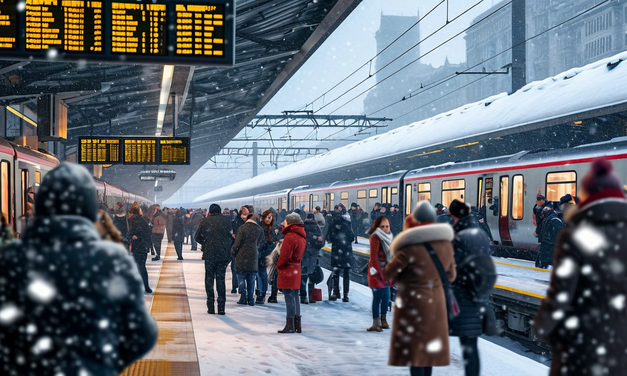 大雪の中、混雑した駅のプラットフォームで冬服を着た多くの利用者が待機している様子。駅の天井や電車の窓に雪が積もり、遅延を示す表示板が見える。都市部の公共交通機関が悪天候の影響を受けている現実的なシーン。