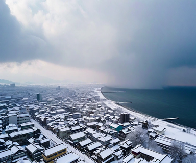 Aerial view of heavy snowfall over Japanese coastal region with deep snow accumulation on buildings and infrastructure along the Sea of Japan coast, showing severe winter weather conditions