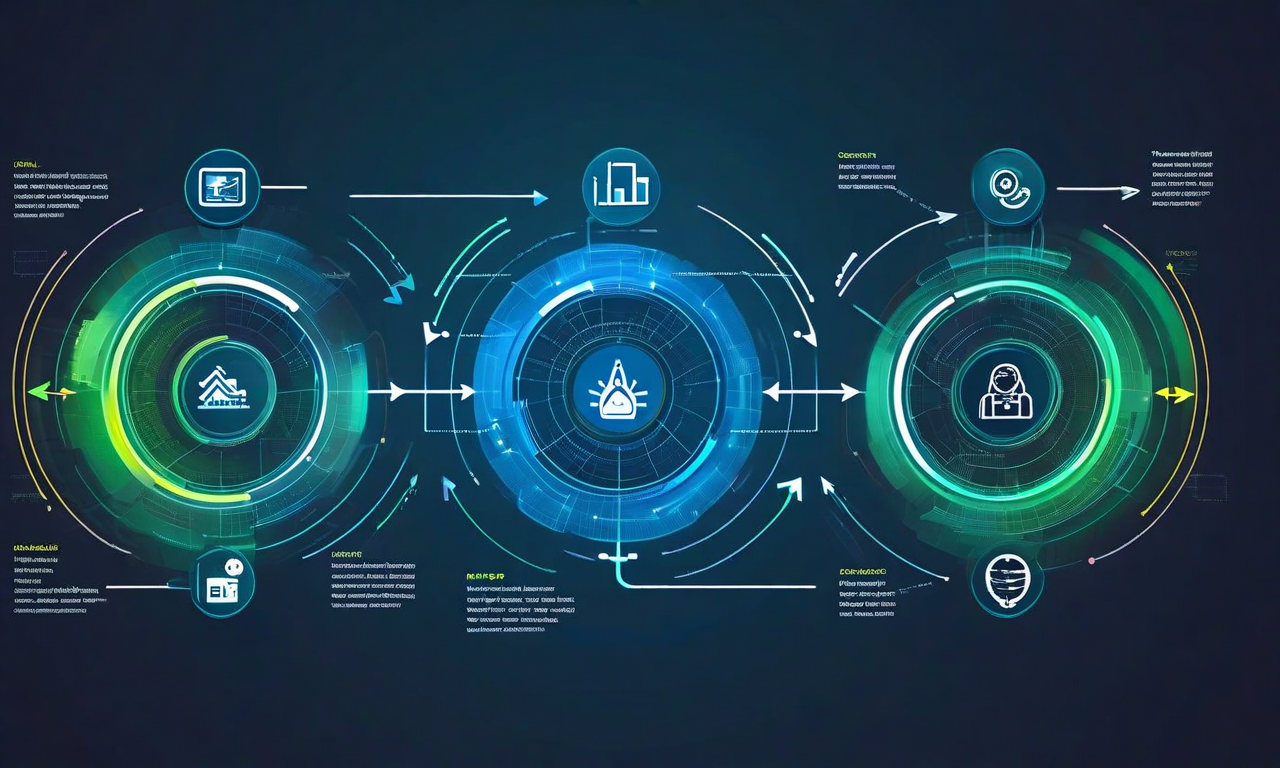 大雪対応の3段階を示すインフォグラフィック。左から右へ流れる矢印で、即座のアクション（警戒アイコン）、ピーク期間の対応体制（階層的な運用構造）、監視と適応（フィードバックループ）が視覚的に統合されている。各要素は円形ノードと接続線で関連付けられ、プロフェッショナルな配色で表現されている。